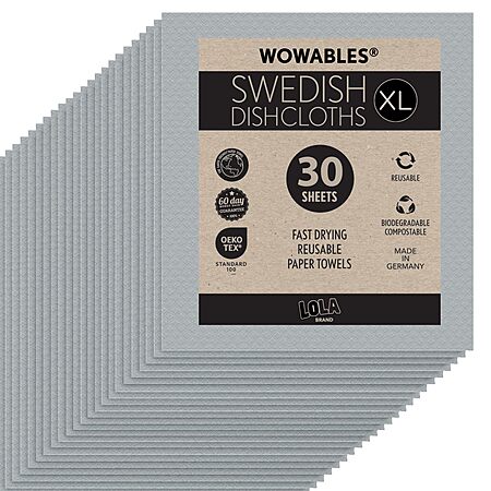 Swedish Dishcloths for Kitchen XL, 30 Sheet Roll, Biodegradable & Compostable, Reusable Paper Towel Cleaning Cloths, 11" x 10", No Odor, Washing Dishes, By LOLA $23.7