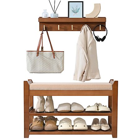 2-Piece Petkaboo Bamboo Wood Entryway Shoe Storage Bench and Coat Rack Set: 28" Brown $40.74, 39" Brown $61.20 + Free Shipping