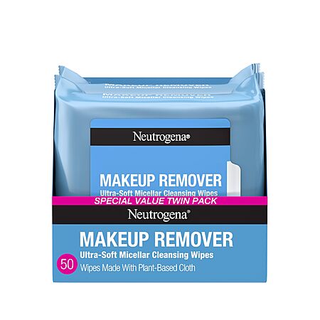 $7.98: Neutrogena Makeup Remover Wipes Micellar Alcohol-Free Face Towelettes, Compostable 100% Plant-Based Cloth, Dermatologist & Ophthalmologist Tested, Twin Pack 2 x 25 ct