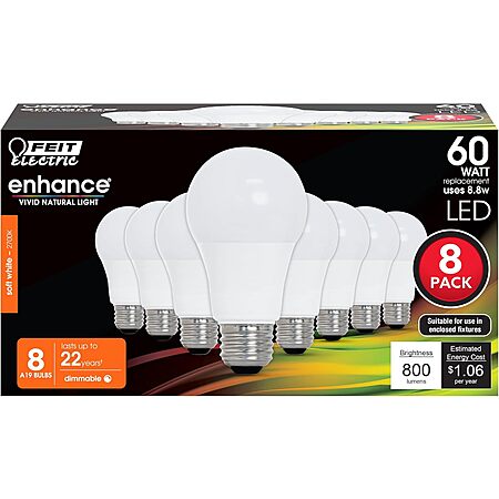 8-Pk 800-Lm Feit Electric 60W A19 Dimmable LED Light Bulbs (2700K Soft White) $7.90