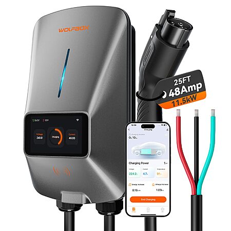 WOLFBOX Level 2 EV Charger 48 Amp - Smart Display, RFID Card, 25ft Cable, Outdoor/Indoor, Hardwired EV Charger Level 2, WiFi Enabled Electric Car Charging $356.98