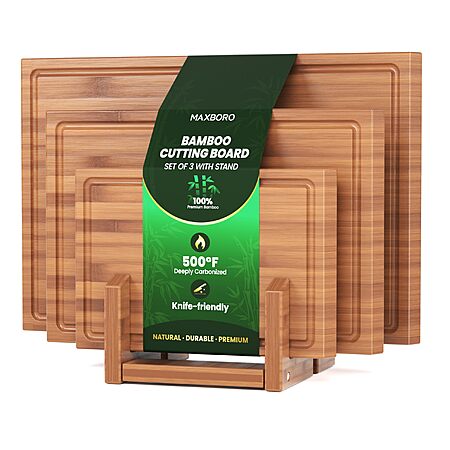 $19.99: Bamboo Cutting Board Set – 3 Pieces with Stand, Juice Grooves, Durable Wood, Ideal for Meat, Veggies & Fruit at Amazon