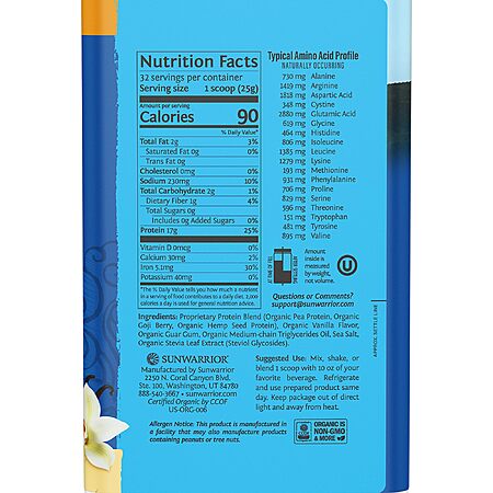 [S&S] Sunwarrior Organic Plant Based Protein Powder | Vegan Organic Protein Powder Vanilla Flavored with BCAA Amino Acids & Hemp Seed Pea Blend |(Vanilla, 32 Servings) $34.4
